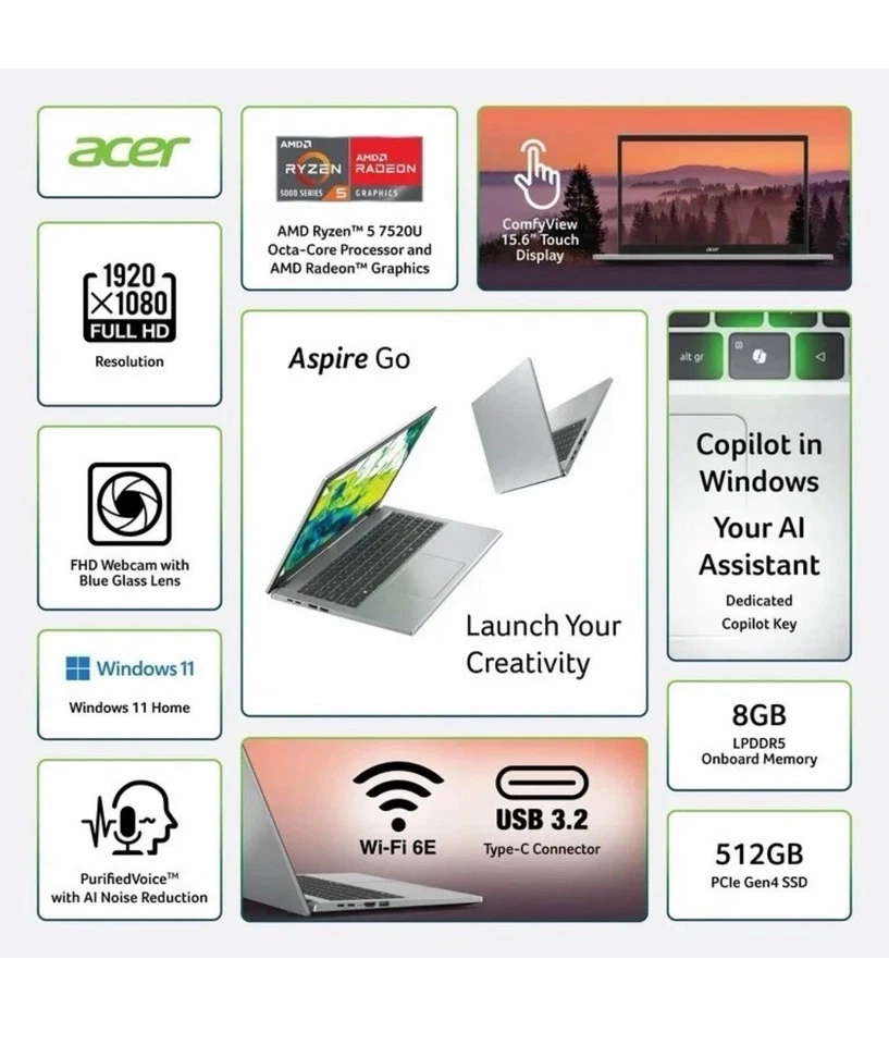 Acer Aspire Go 15.6” FHD Touchscreen Laptop, Ryzen 5 7520U, 8GB RAM, 512GB SSD - Image 2